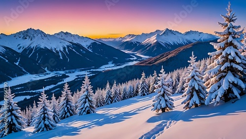 Majestic snowy mountain range with a breathtaking sunset.