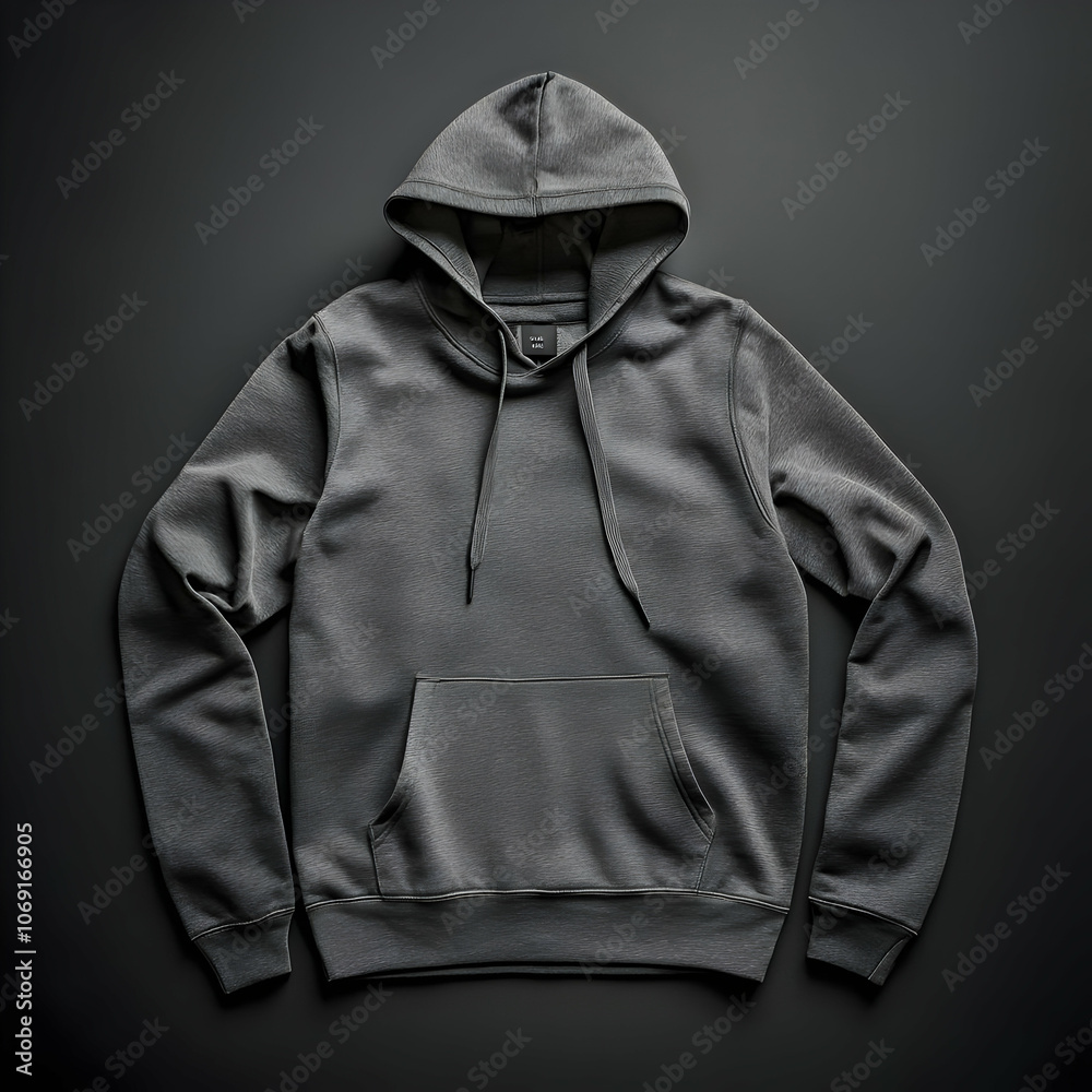 Hoodie Mockup - A gray hoodie displayed on a dark background, showcasing its design and style. Hoodie Mockup - A gray hoodie displayed on a dark background, showcasing its design and style.