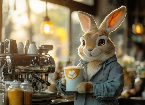 Easter bunny barista crafting intricate coffee art in a cozy cafe setting