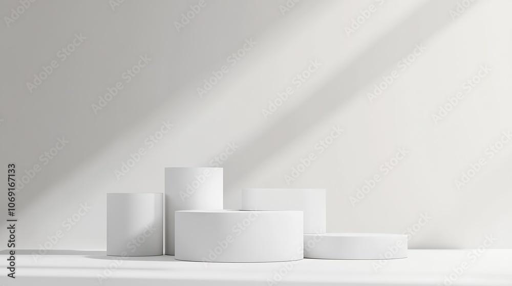 Minimalist display of geometric white podiums with soft shadow and light : Generative AI
