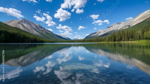 A tranquil lake nestled among towering mountains reflects the clear blue sky and fluffy white clouds, creating a serene and picturesque landscape.