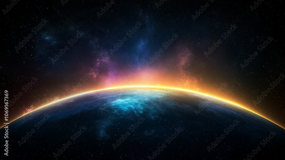 Obraz premium Cosmic Dawn: A breathtaking view of Earth from space, bathed in the soft glow of a rising sun, evokes a sense of awe and wonder, highlighting the fragility and beauty of our planet. 