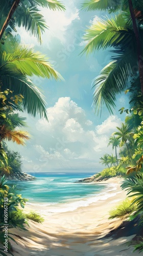 summer beautiful tropical background illustration with sand beach, soft light, sea, palms