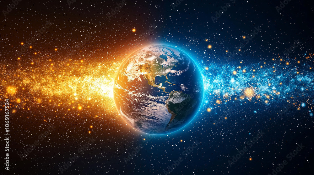 Fototapeta premium Cosmic Dance: Earth bathed in ethereal light, a celestial spectacle of blue and orange hues, swirling with cosmic energy against a backdrop of twinkling stars.