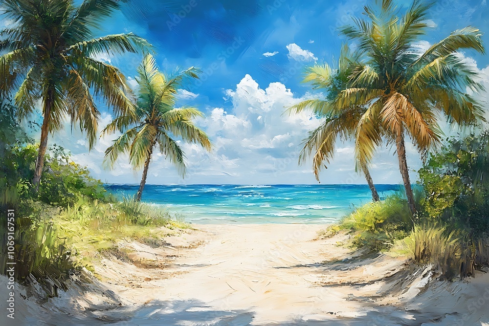 Fototapeta premium Palm Trees Framing a Tranquil Beach Path with Azure Waters