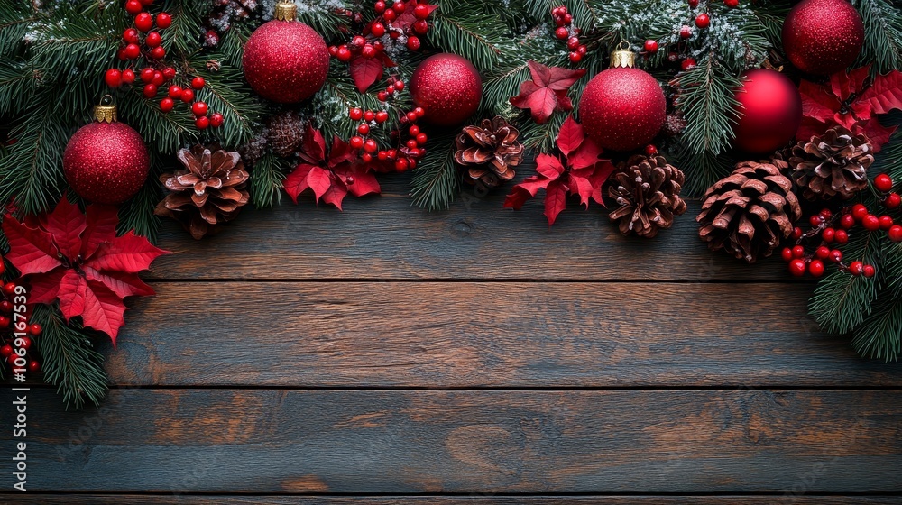 top view wooden background with Christmas festive decoration top view wooden background with Christmas festive decoration