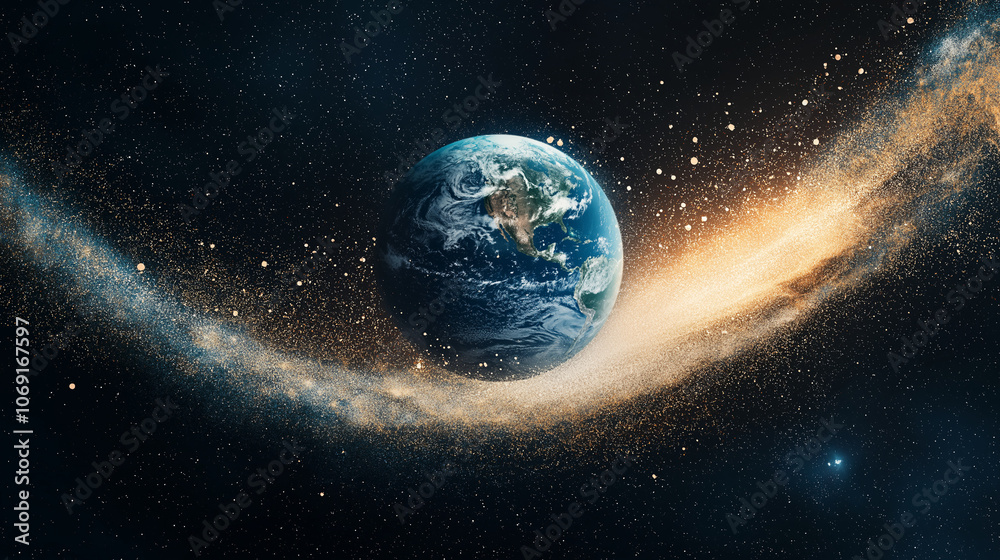 Fototapeta premium Earth in the Milky Way: A breathtaking view of our planet Earth suspended in the cosmic expanse of the Milky Way galaxy.