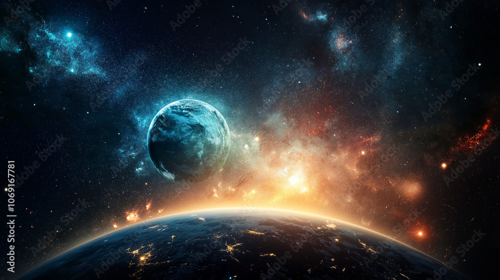 Obraz premium Cosmic Dawn: A breathtaking panorama of a vibrant planet rising from the cosmic abyss, bathed in the warm glow of a distant nebula, with a blue planet and stars in the background. 