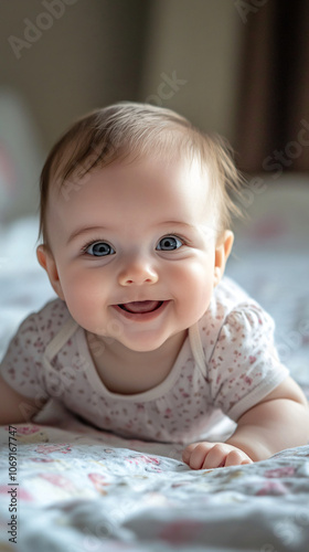Joyful baby girl lies on a cozy bed, smiling with innocence and happiness during tummy time. Her blue eyes and blonde hair radiate love and care in a warm portrait of childhood