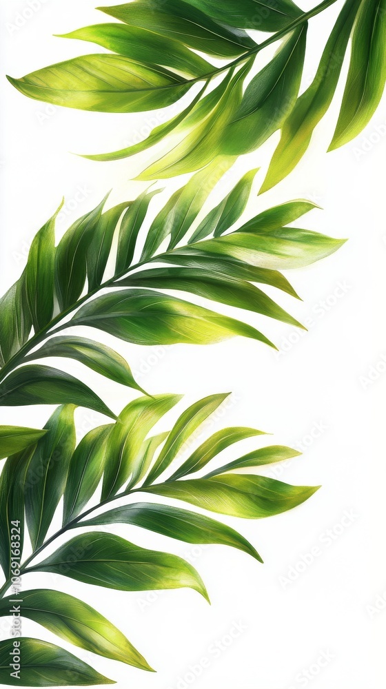 Fototapeta premium Lush green leaves gracefully cascading against a clean white background in bright daylight