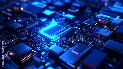 A close-up view of a computer circuit board featuring intricate microchips illuminated in blue light