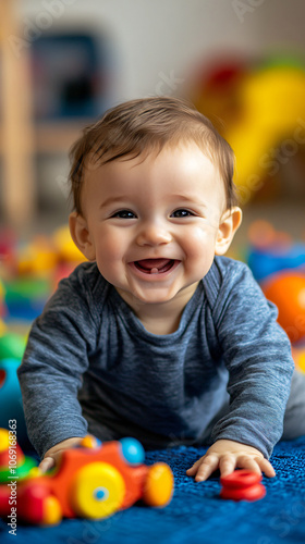 Joyful infant boy plays on a vibrant blue rug, surrounded by an array of colorful toys, happily exploring and enjoying his innocent smile, capturing a carefree childhood moment