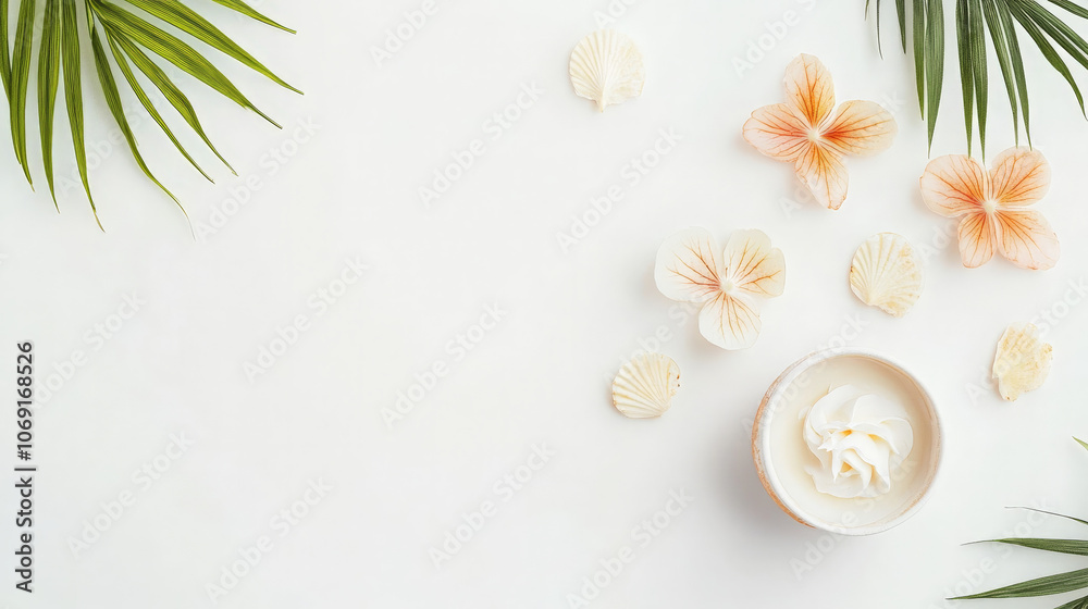 custom made wallpaper toronto digitalA serene arrangement of tropical flowers and a cream container on a light background.