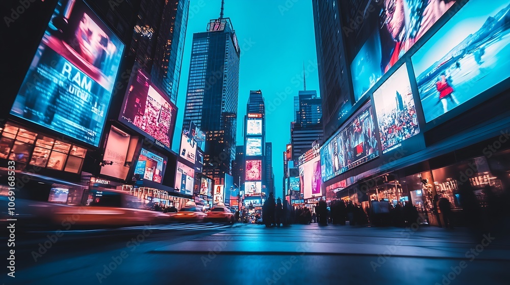 Buzzing Times Square in NYC with Neon Billboards and Blurred Traffic Movement at Night : Generative AI Buzzing Times Square in NYC with Neon Billboards and Blurred Traffic Movement at Night : Generative AI