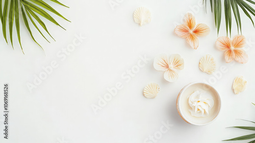 Wallpaper Mural A serene arrangement of tropical flowers and a cream container on a light background. Torontodigital.ca