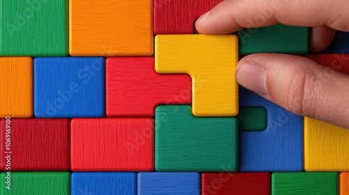 A hand places a colorful wooden puzzle piece into a vibrant mosaic of interlocking shapes.