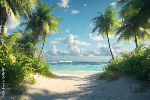 Palm Trees Framing Tranquil Beach with Golden Sand