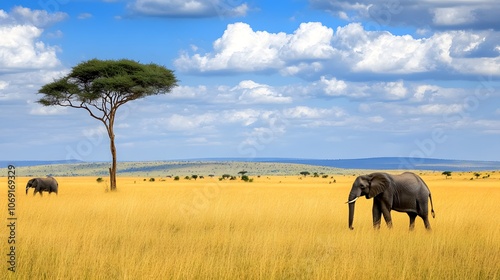 A vast savannah with golden grasses, acacia trees, and wildlife including elephants.