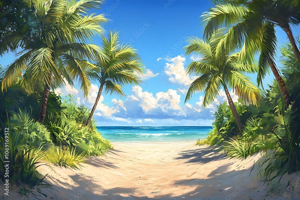 Palm Trees Framing Tropical Beach Path with White Sand