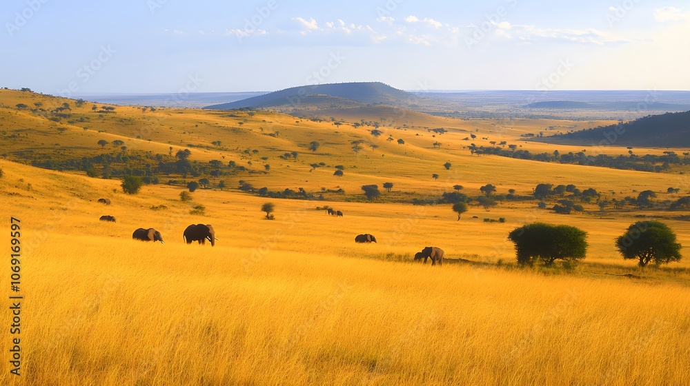 Obraz premium A vast savannah with golden grasses, acacia trees, and wildlife including elephants.