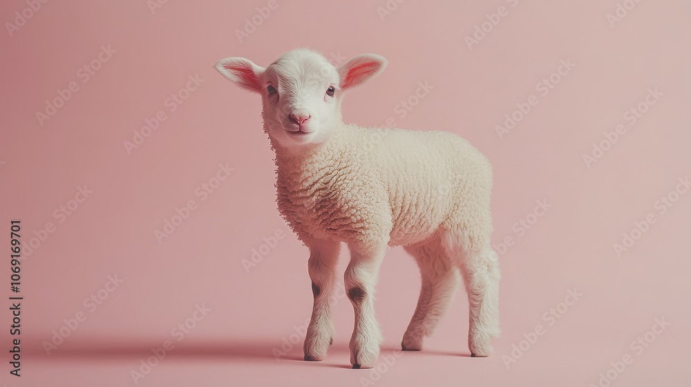 Fototapeta premium one small white lamb on pink background