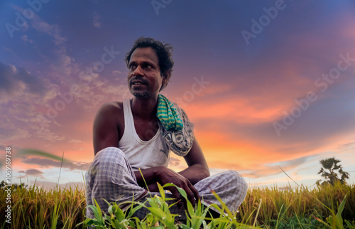 Farmers of Bangladesh in Asia. A farmer sits under the twilight sky and looks at the horizon. Photo taken on 22 October 2023 from Rajbari, Bangladesh.