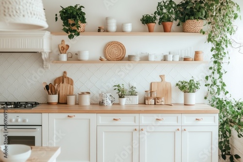 White Kitchen with Wooden Accents and Greenery