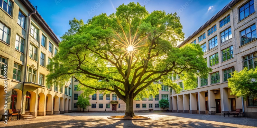 Sunlight Through Tree Branches in a Courtyard, Landscape Photography, Urban Greenspace, Architectural Detail, Sunbeams, Courtyard, Building Sunlight Through Tree Branches in a Courtyard, Landscape Photography, Urban Greenspace, Architectural Detail, Sunbeams, Courtyard, Building