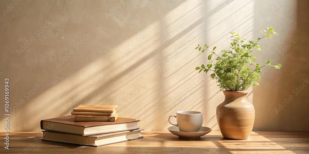 Sunlight Illuminates a Stack of Books, a Cup, and a Plant in a Vase, minimal, still life, beige, sunlight Sunlight Illuminates a Stack of Books, a Cup, and a Plant in a Vase, minimal, still life, beige, sunlight