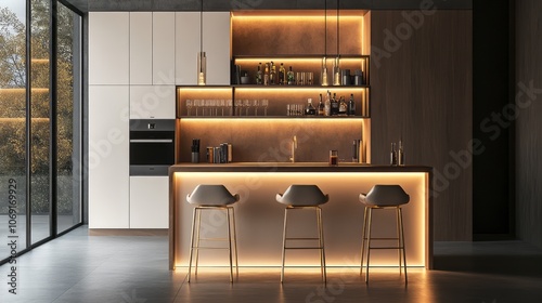 Modern Kitchen Bar with Illuminated Countertop and Bar Stools photo