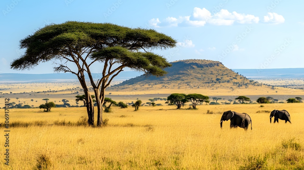 Fototapeta premium A vast savannah with golden grasses, acacia trees, and wildlife including elephants.
