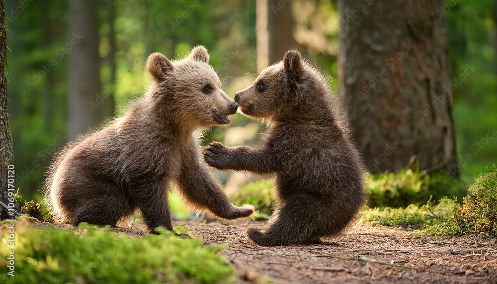 Fototapeta premium Two little bears cubs playing with each other in the forest