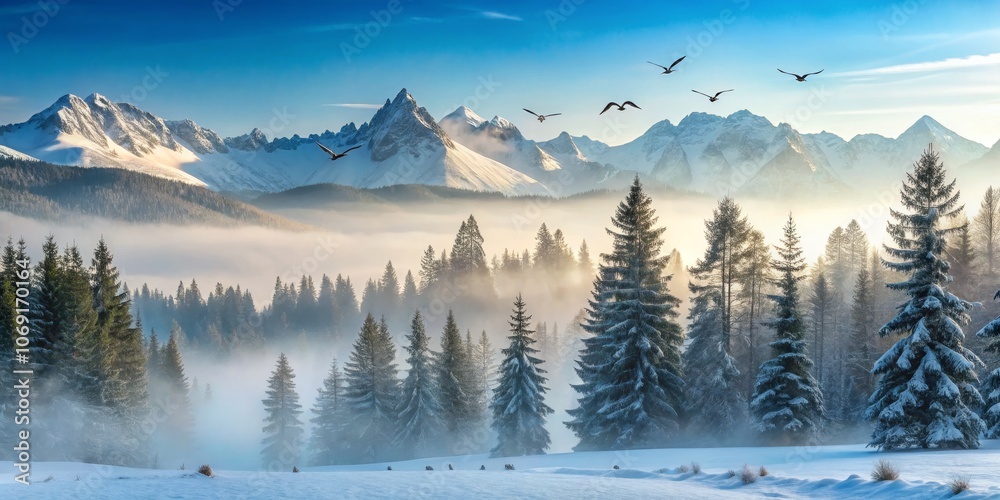 Snowy Mountain Forest with Birds Flying, Wide Shot, Bright Blue Sky, Fog, Snow-Covered Trees, Mountain Landscape, Winter Snowy Mountain Forest with Birds Flying, Wide Shot, Bright Blue Sky, Fog, Snow-Covered Trees, Mountain Landscape, Winter