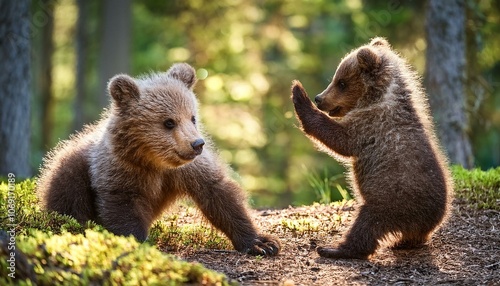 Two little bears cubs playing with each other in the forest