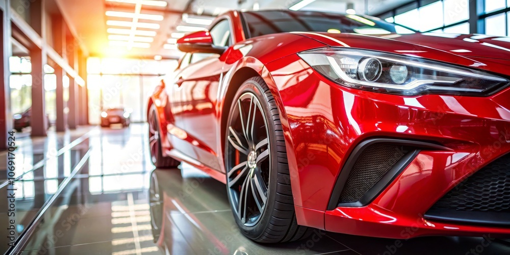 Obraz premium Red Sports Car Showroom, Sunlit, Close-up, Automotive, Luxury, Car, Showroom