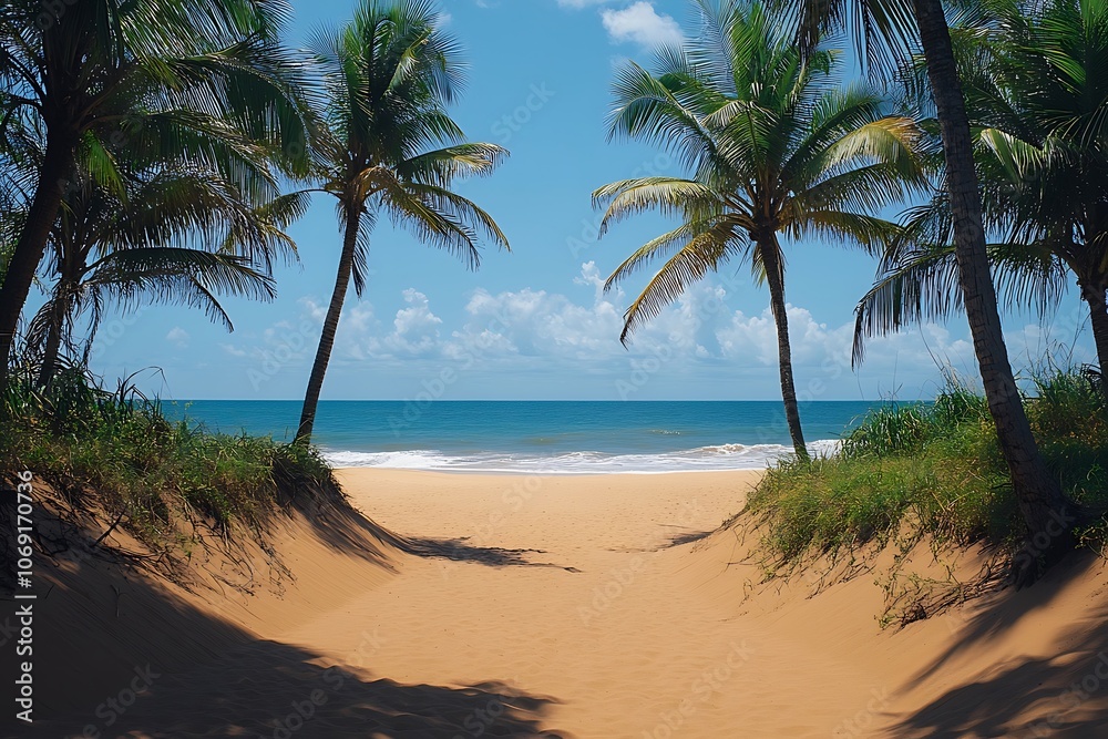 Palm-Lined Pathway to Turquoise Beach Paradise Palm-Lined Pathway to Turquoise Beach Paradise