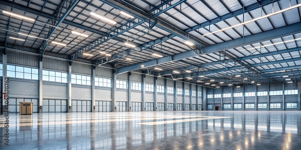 Modern Warehouse Interior with Shiny Floor and Steel Beams, Warehouse Interior, Industrial Design, Architecture Modern Warehouse Interior with Shiny Floor and Steel Beams, Warehouse Interior, Industrial Design, Architecture