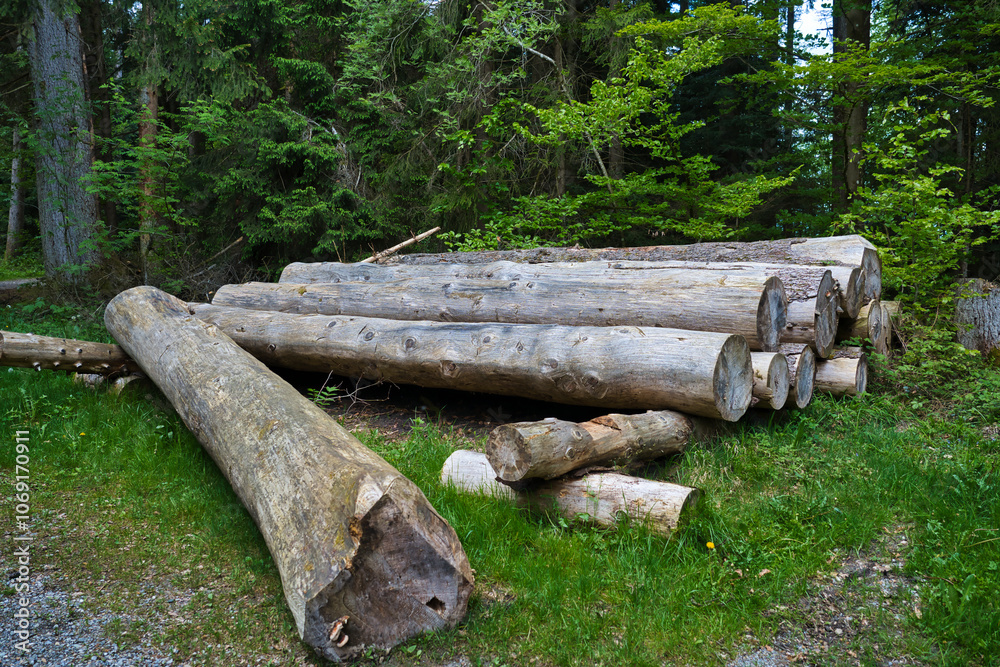 Fototapeta premium Stocking logs at the edge of the forest for the winter.