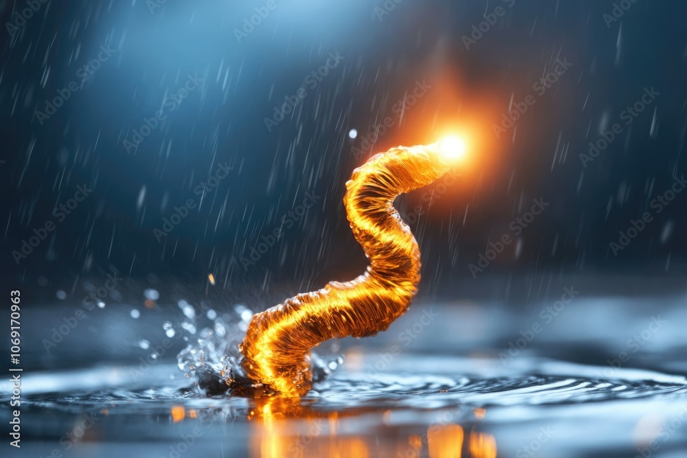 A vibrant coil of light dances above water during a rainy evening in a dynamic display of energy
