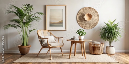 Minimalist Living Room with Wooden Chair and Plants, Interior Design, Home Decor, Minimalist Interior, Bohemian Style