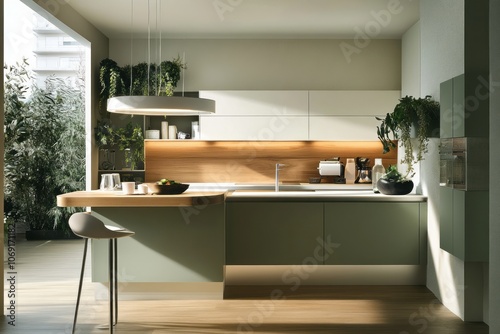 Modern Kitchen with Green Cabinets, Wood Countertop, and Natural Light