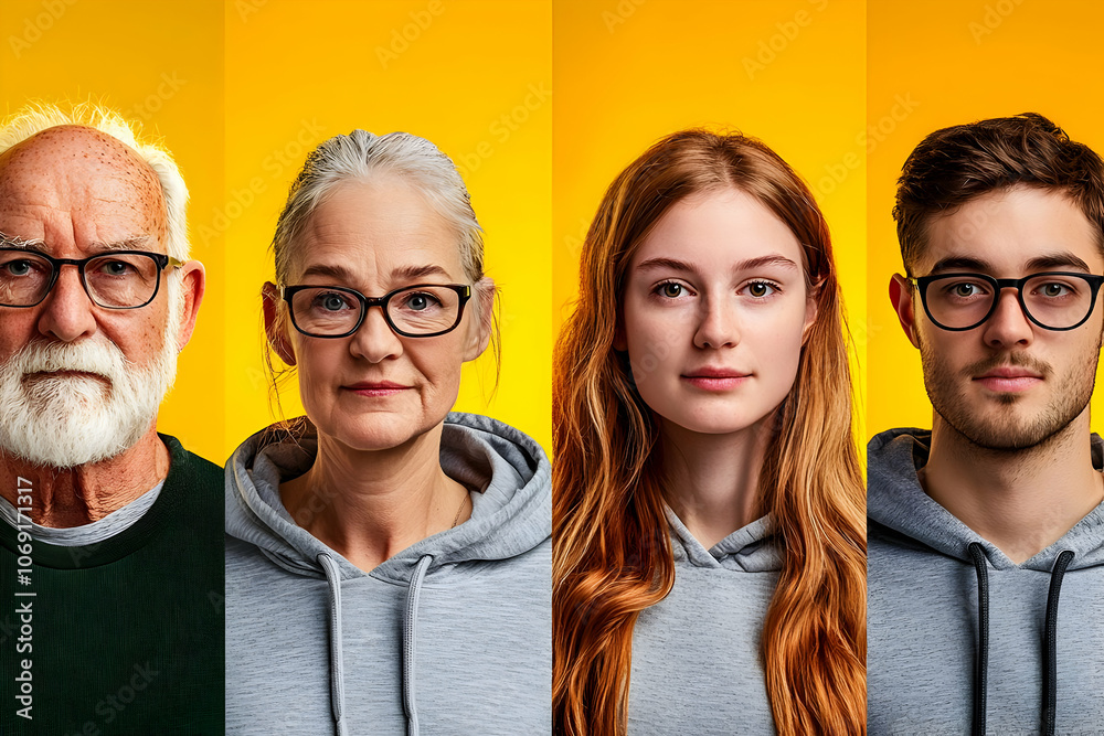 Hoodie Mockup - Four individuals of different ages and genders, all wearing glasses, against a yellow background. Hoodie Mockup - Four individuals of different ages and genders, all wearing glasses, against a yellow background.