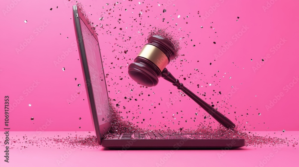 Gavel Strikes Laptop in a Digital Justice Concept Gavel Strikes Laptop in a Digital Justice Concept