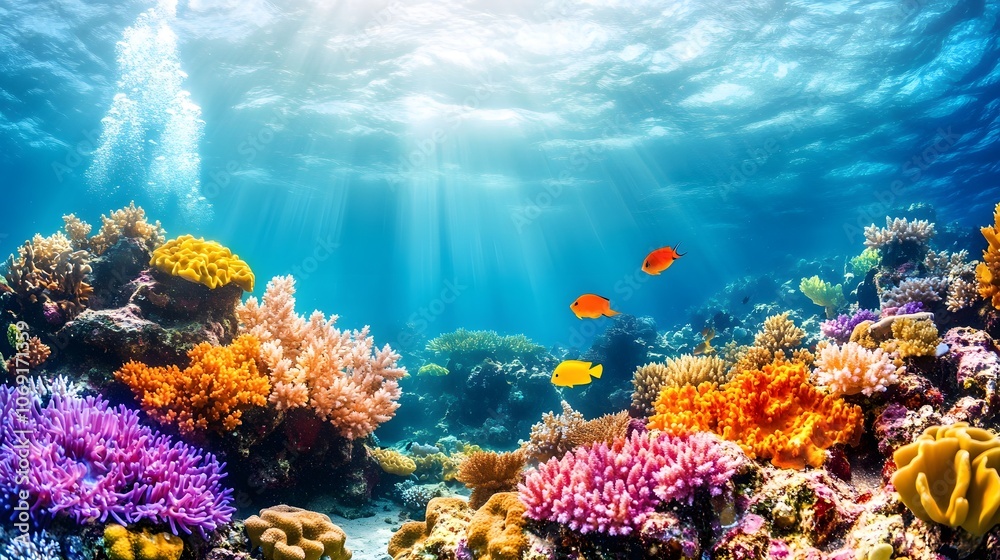 Naklejka premium A vibrant coral reef teeming with colorful fish and diverse marine life, set against crystal clear ocean water