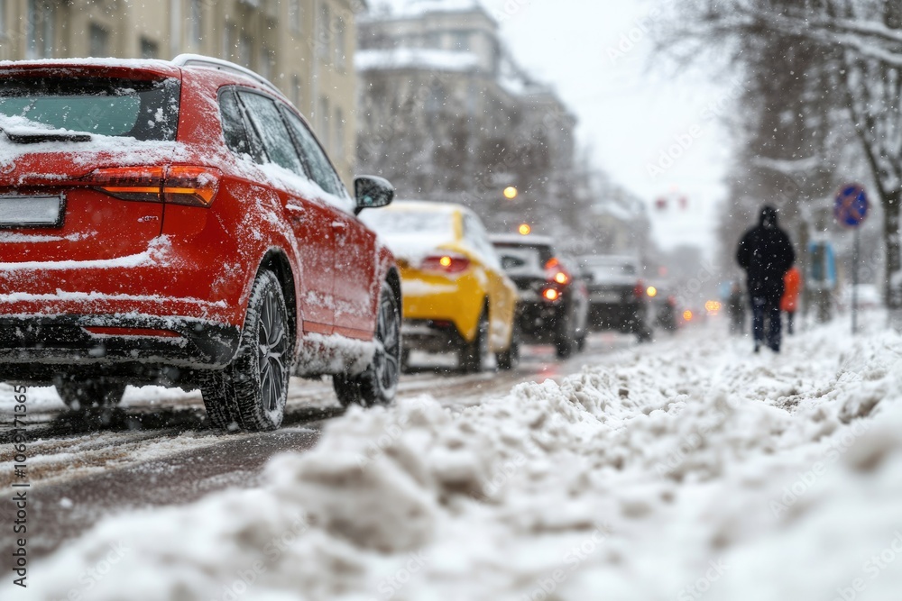 Red car parked in a snow covered street during winter with heavy snowfall and traffic Red car parked in a snow covered street during winter with heavy snowfall and traffic