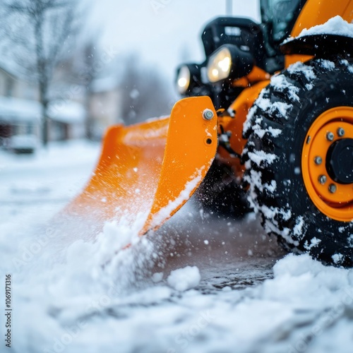Snow plow clearing a residential street during a winter snowstorm in the early morning hours