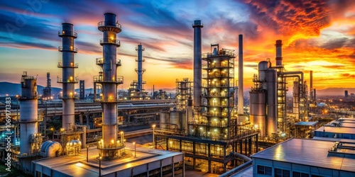 Industrial Sunset Illuminated Refinery Silhouettes Against a Fiery Sky, Industrial , Refinery , Sunset