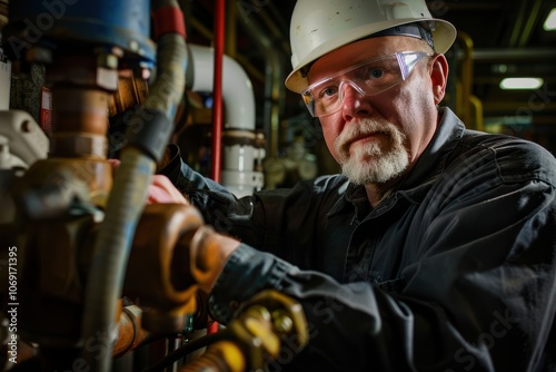 Skilled Technician in Industrial Setting with Safety Gear and Large Wrench