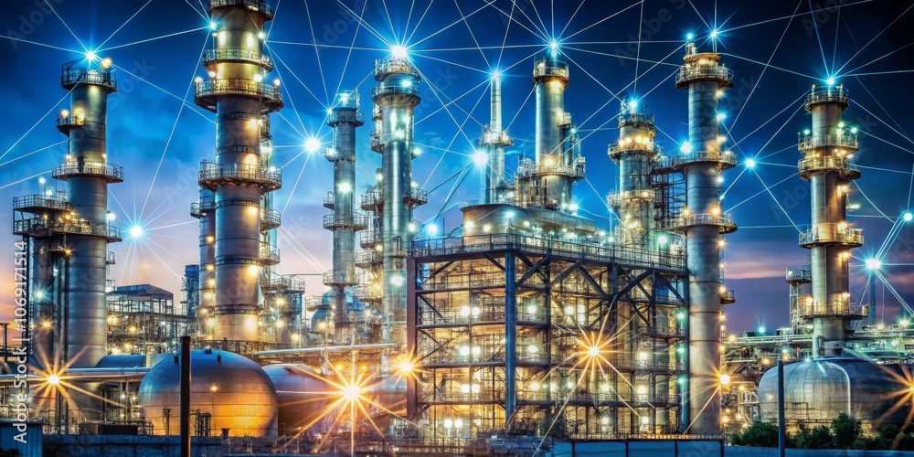 Industrial Complex Illuminated by a Network of Lights at Night, Industry , Manufacturing , Petrochemical Plant Industrial Complex Illuminated by a Network of Lights at Night, Industry , Manufacturing , Petrochemical Plant