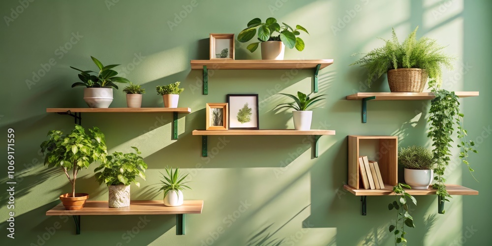 Green Wall Decor with Plants and Shelves, Home Decor, Plant Decor, Interior Design